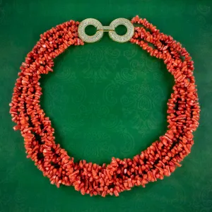 Triple Strand Coral Necklace Cz Sterling Silver Clasp