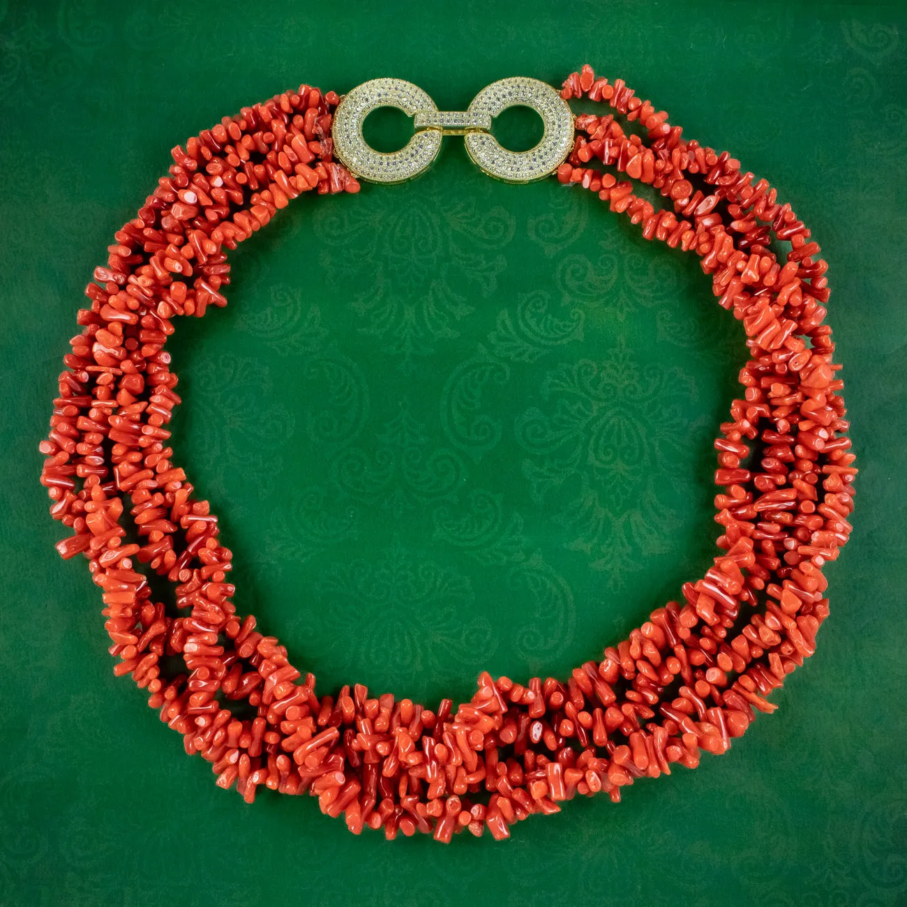 Triple Strand Coral Necklace Cz Sterling Silver Clasp