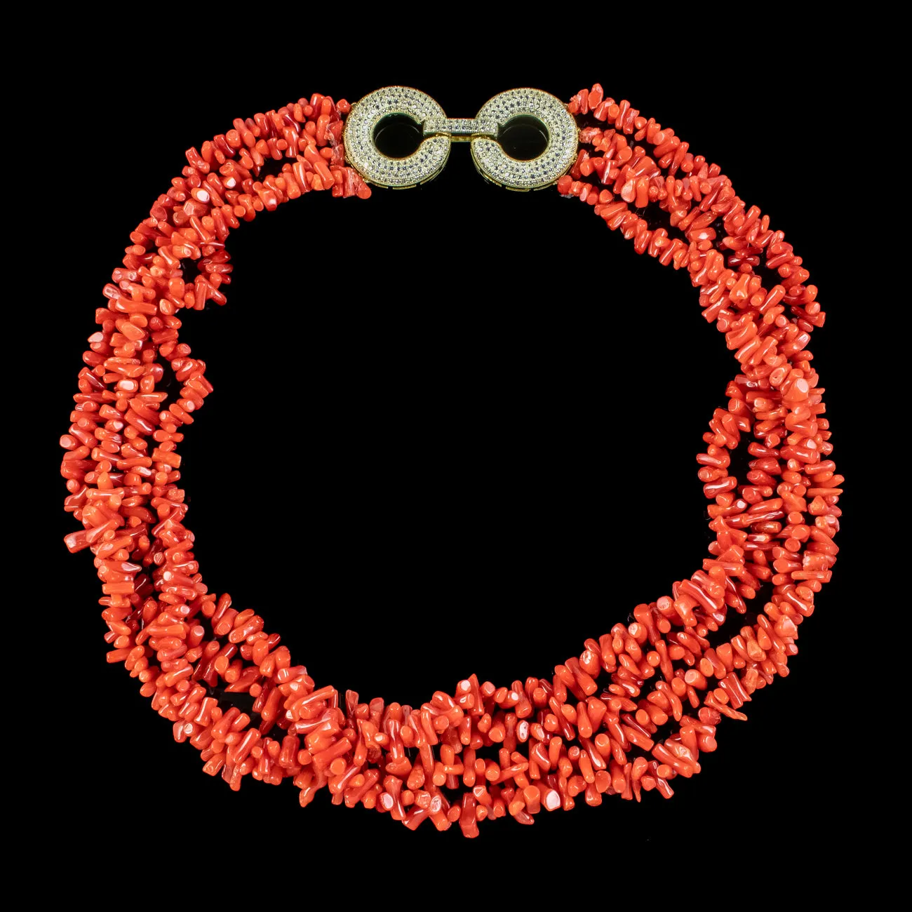 Triple Strand Coral Necklace Cz Sterling Silver Clasp