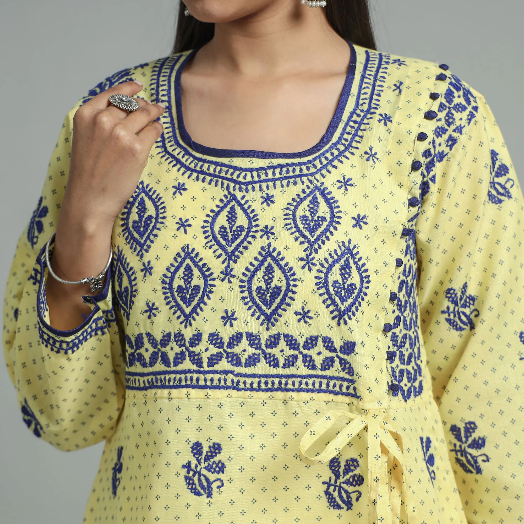 Yellow Chikankari Hand Embroidered Cotton Long Kurta